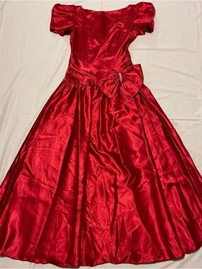 Vintage 80s Bridal Originals Red Satin Maxi Gown Prom Dress Puff Sleeve Side Bow